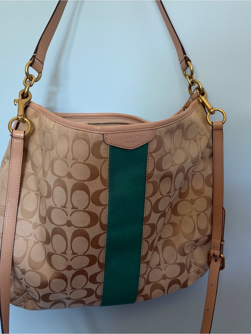 Coach Tan Signature Canvas Shoulder Bag with Green Center Stripe - Picture 3 of 3